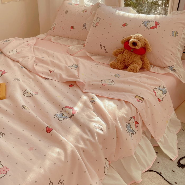 91家纺网 家纺一手货源 找家纺 桃心家居 2025新款A类云柔水洗棉花边韩版少女可爱仙仙大豆单夏被夏凉被空调被四件套 水洗棉花边-夏被甜甜猫咪