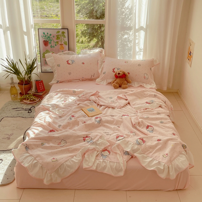 桃心家居 2025新款A类云柔水洗棉花边韩版少女可爱仙仙大豆单夏被夏凉被空调被四件套 水洗棉花边-夏被甜甜猫咪