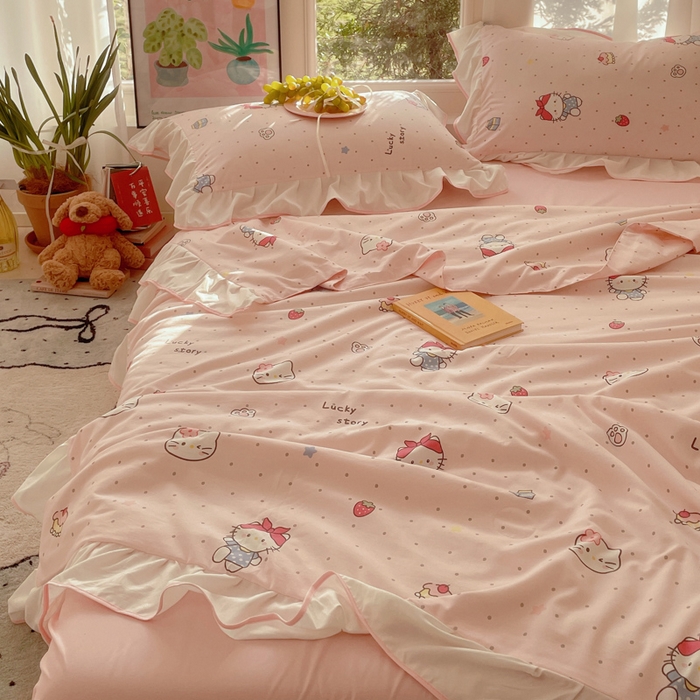 91家纺网 家纺一手货源 找家纺 桃心家居 2025新款A类云柔水洗棉花边韩版少女可爱仙仙大豆单夏被夏凉被空调被四件套 水洗棉花边-夏被甜甜猫咪