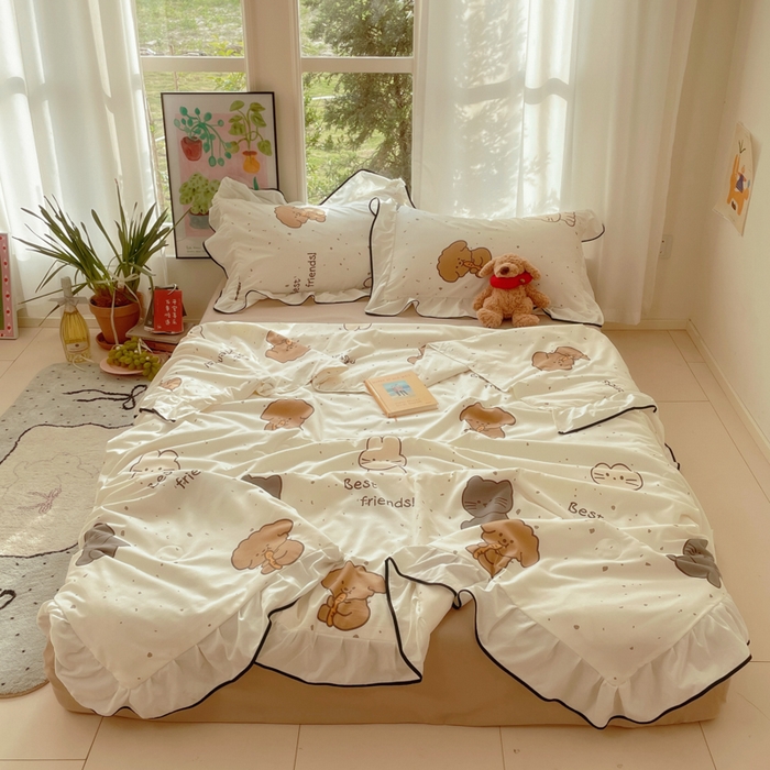 桃心家居 2025新款A类云柔水洗棉花边韩版少女可爱仙仙大豆单夏被夏凉被空调被四件套 水洗棉花边-夏被萌萌乐园