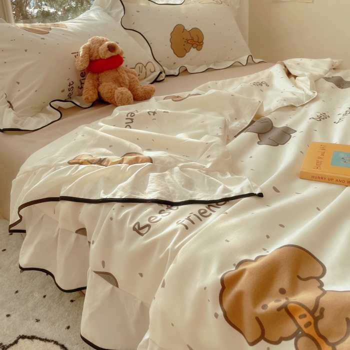 91家纺网 家纺一手货源 找家纺 桃心家居 2025新款A类云柔水洗棉花边韩版少女可爱仙仙大豆单夏被夏凉被空调被四件套 水洗棉花边-夏被萌萌乐园