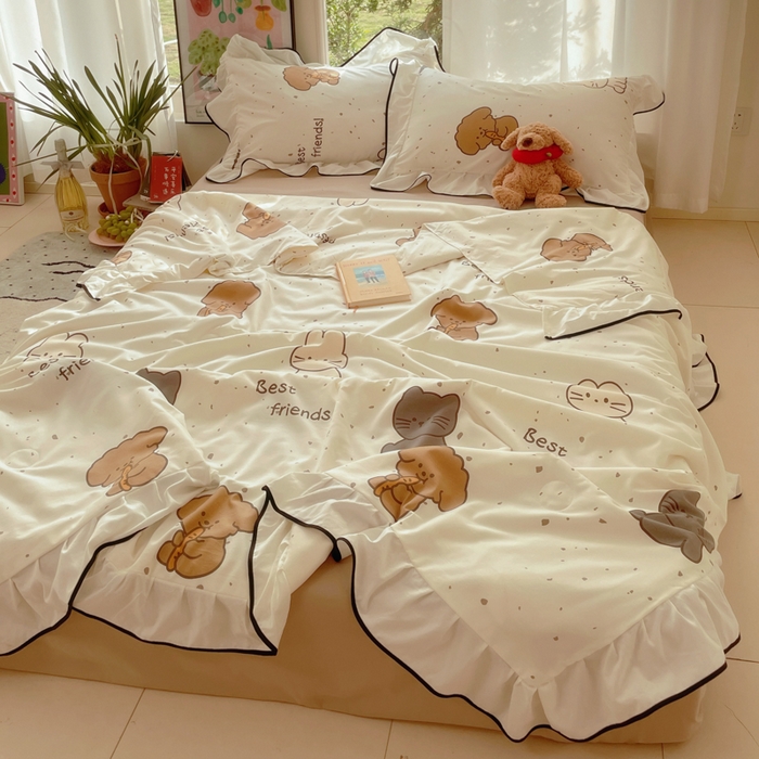 91家纺网 家纺一手货源 找家纺 桃心家居 2025新款A类云柔水洗棉花边韩版少女可爱仙仙大豆单夏被夏凉被空调被四件套 水洗棉花边-夏被萌萌乐园