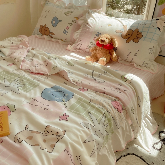 91家纺网 家纺一手货源 找家纺 桃心家居 2025新款A类云柔水洗棉花边韩版少女可爱仙仙大豆单夏被夏凉被空调被四件套 水洗棉花边-夏被卡哇伊