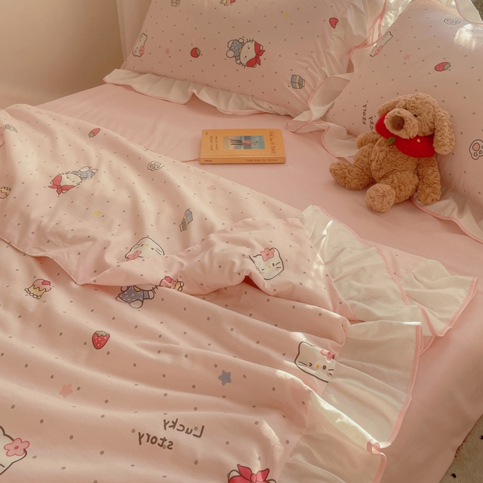 91家纺网 家纺一手货源 找家纺 桃心家居 2025新款A类云柔水洗棉花边韩版少女可爱仙仙大豆单夏被夏凉被空调被四件套 水洗棉花边-夏被甜甜猫咪
