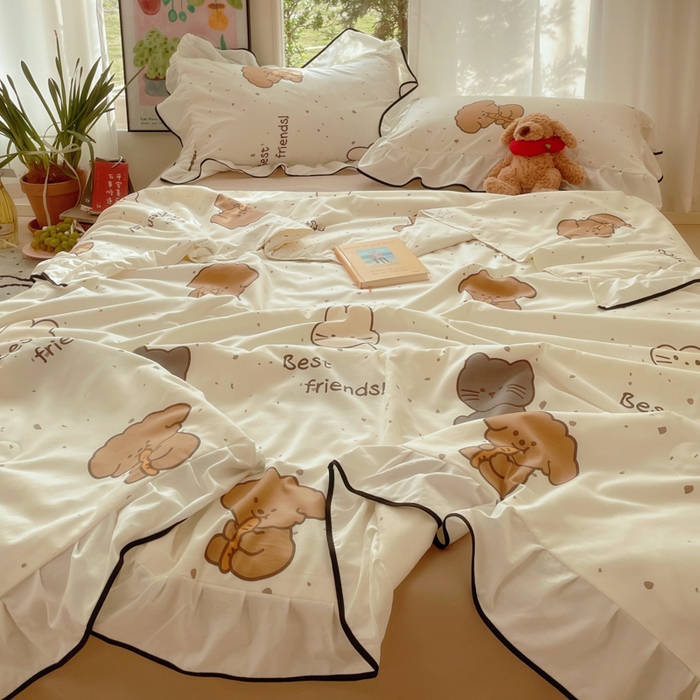 91家纺网 家纺一手货源 找家纺 桃心家居 2025新款A类云柔水洗棉花边韩版少女可爱仙仙大豆单夏被夏凉被空调被四件套 水洗棉花边-夏被萌萌乐园