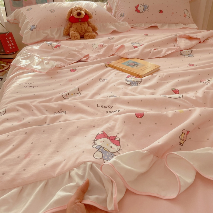 91家纺网 家纺一手货源 找家纺 桃心家居 2025新款A类云柔水洗棉花边韩版少女可爱仙仙大豆单夏被夏凉被空调被四件套 水洗棉花边-夏被甜甜猫咪