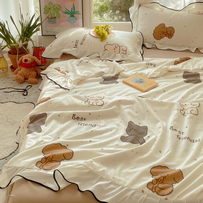 91家纺网 家纺一手货源 找家纺 桃心家居 2025新款A类云柔水洗棉花边韩版少女可爱仙仙大豆单夏被夏凉被空调被四件套 水洗棉花边-夏被萌萌乐园