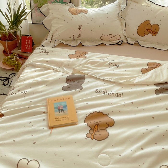 91家纺网 家纺一手货源 找家纺 桃心家居 2025新款A类云柔水洗棉花边韩版少女可爱仙仙大豆单夏被夏凉被空调被四件套 水洗棉花边-夏被萌萌乐园