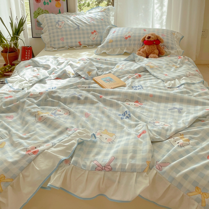 91家纺网 家纺一手货源 找家纺 桃心家居 2025新款A类云柔水洗棉花边韩版少女可爱仙仙大豆单夏被夏凉被空调被四件套 水洗棉花边-夏被兰格猫咪