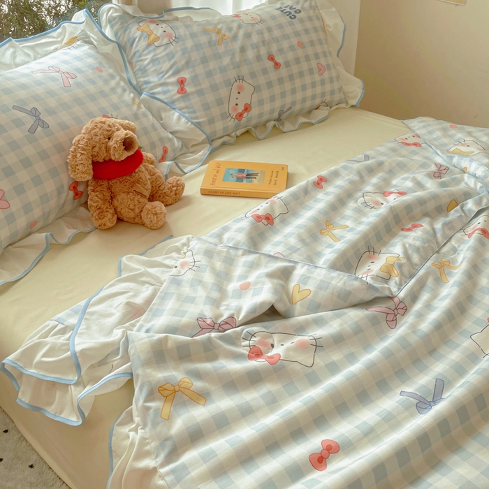 91家纺网 家纺一手货源 找家纺 桃心家居 2025新款A类云柔水洗棉花边韩版少女可爱仙仙大豆单夏被夏凉被空调被四件套 水洗棉花边-夏被兰格猫咪