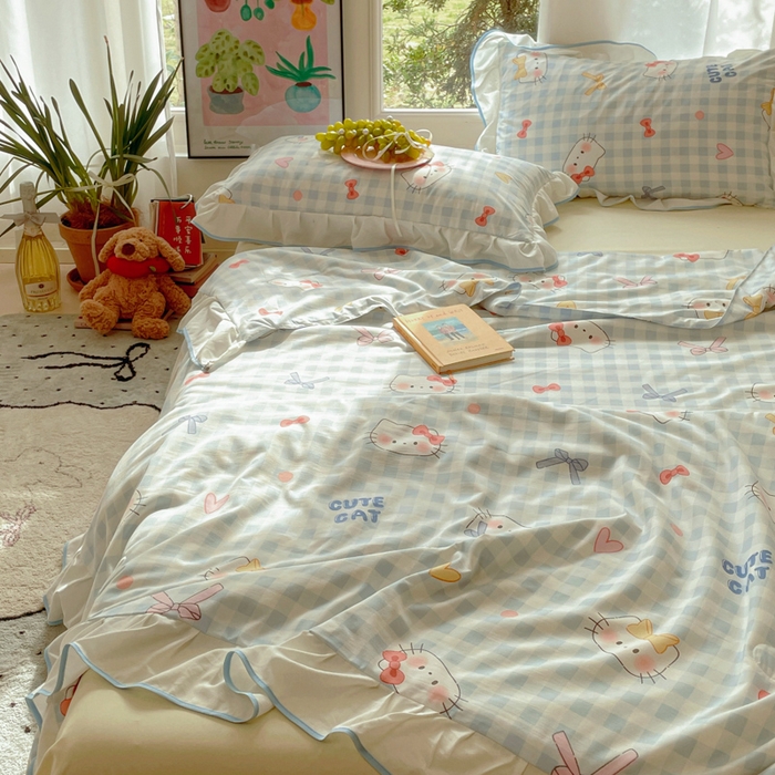 91家纺网 家纺一手货源 找家纺 桃心家居 2025新款A类云柔水洗棉花边韩版少女可爱仙仙大豆单夏被夏凉被空调被四件套 水洗棉花边-夏被兰格猫咪