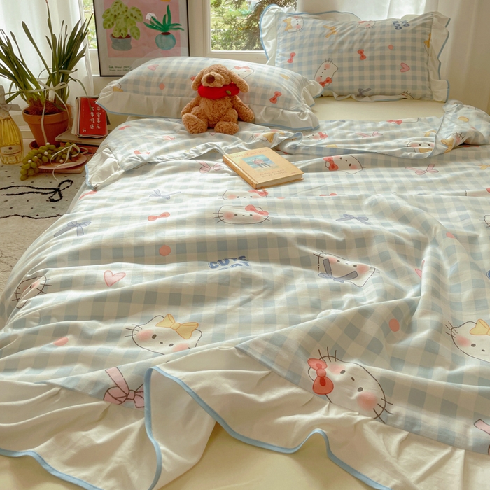 91家纺网 家纺一手货源 找家纺 桃心家居 2025新款A类云柔水洗棉花边韩版少女可爱仙仙大豆单夏被夏凉被空调被四件套 水洗棉花边-夏被兰格猫咪