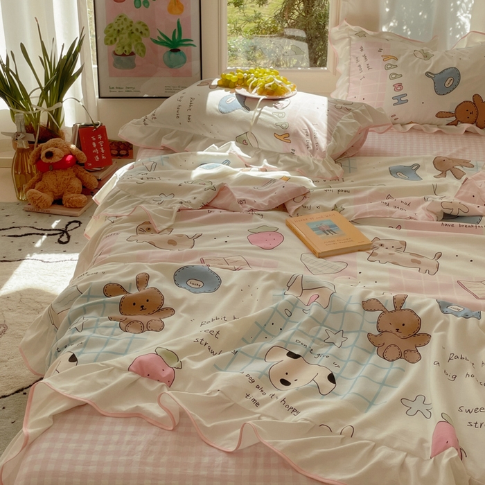 91家纺网 家纺一手货源 找家纺 桃心家居 2025新款A类云柔水洗棉花边韩版少女可爱仙仙大豆单夏被夏凉被空调被四件套 水洗棉花边-夏被卡哇伊