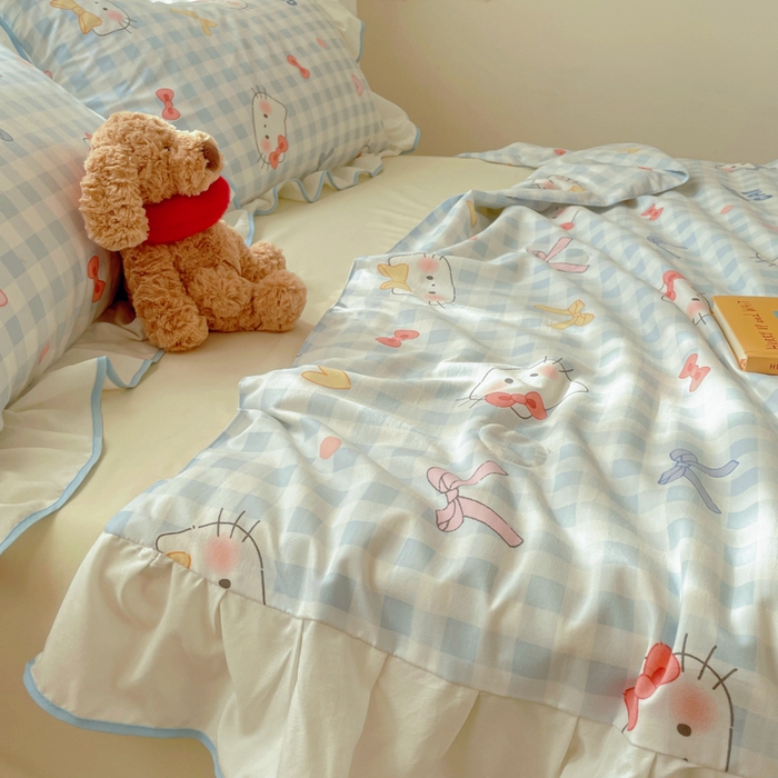 91家纺网 家纺一手货源 找家纺 桃心家居 2025新款A类云柔水洗棉花边韩版少女可爱仙仙大豆单夏被夏凉被空调被四件套 水洗棉花边-夏被兰格猫咪