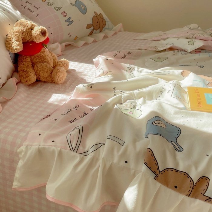 91家纺网 家纺一手货源 找家纺 桃心家居 2025新款A类云柔水洗棉花边韩版少女可爱仙仙大豆单夏被夏凉被空调被四件套 水洗棉花边-夏被卡哇伊