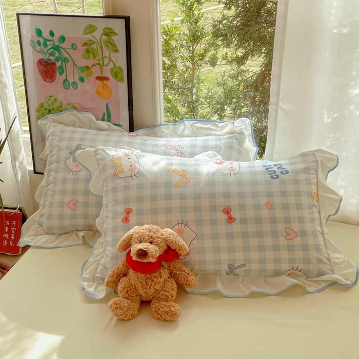 91家纺网 家纺一手货源 找家纺 桃心家居 2025新款A类云柔水洗棉花边韩版少女可爱仙仙大豆单夏被夏凉被空调被四件套 水洗棉花边-夏被兰格猫咪