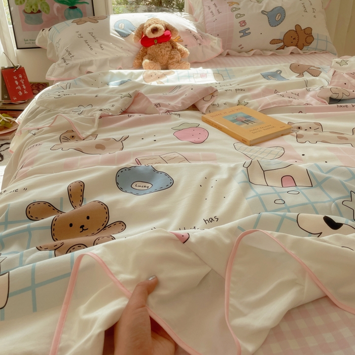 91家纺网 家纺一手货源 找家纺 桃心家居 2025新款A类云柔水洗棉花边韩版少女可爱仙仙大豆单夏被夏凉被空调被四件套 水洗棉花边-夏被卡哇伊