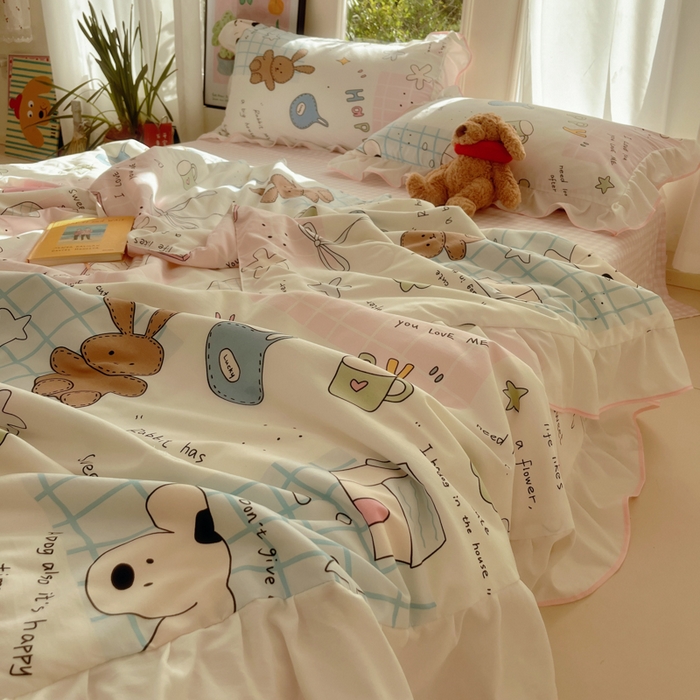 91家纺网 家纺一手货源 找家纺 桃心家居 2025新款A类云柔水洗棉花边韩版少女可爱仙仙大豆单夏被夏凉被空调被四件套 水洗棉花边-夏被卡哇伊