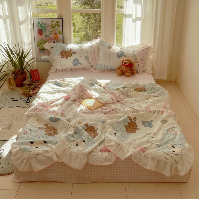 桃心家居 2025新款A类云柔水洗棉花边韩版少女可爱仙仙大豆单夏被夏凉被空调被四件套 水洗棉花边-夏被卡哇伊