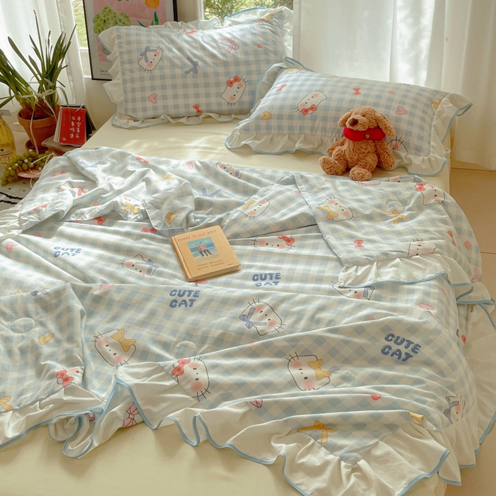 91家纺网 家纺一手货源 找家纺 桃心家居 2025新款A类云柔水洗棉花边韩版少女可爱仙仙大豆单夏被夏凉被空调被四件套 水洗棉花边-夏被兰格猫咪
