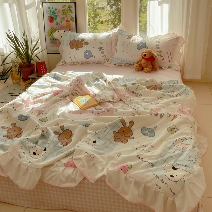 91家纺网 家纺一手货源 找家纺 桃心家居 2025新款A类云柔水洗棉花边韩版少女可爱仙仙大豆单夏被夏凉被空调被四件套 水洗棉花边-夏被卡哇伊