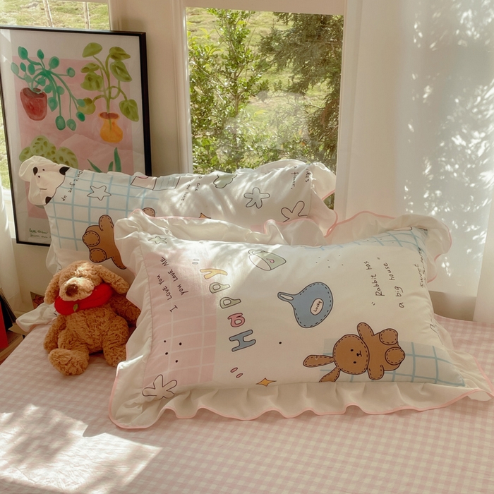 91家纺网 家纺一手货源 找家纺 桃心家居 2025新款A类云柔水洗棉花边韩版少女可爱仙仙大豆单夏被夏凉被空调被四件套 水洗棉花边-夏被卡哇伊