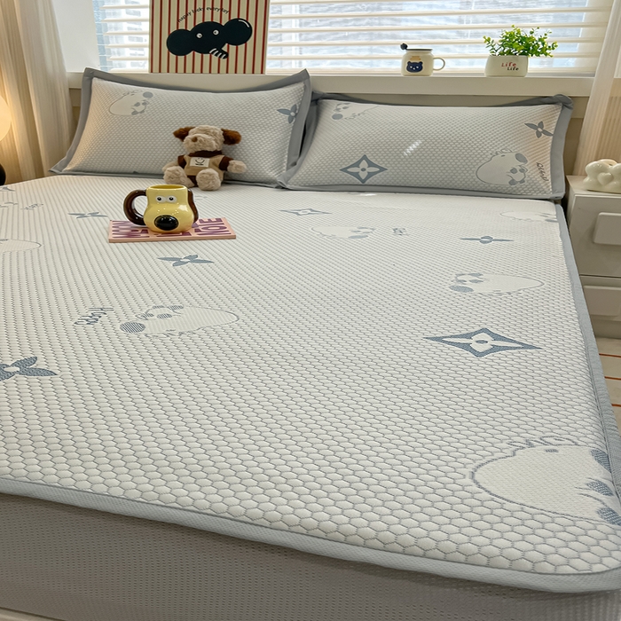 91家纺网 家纺一手货源 找家纺 857家居 2025新款卡皮巴拉凉豆豆凉席套件-床笠款 卡皮巴拉-蓝色