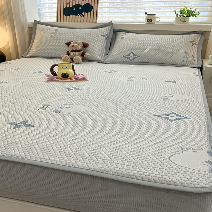 91家纺网 家纺一手货源 找家纺 857家居 2025新款卡皮巴拉凉豆豆凉席套件-床笠款 卡皮巴拉-蓝色