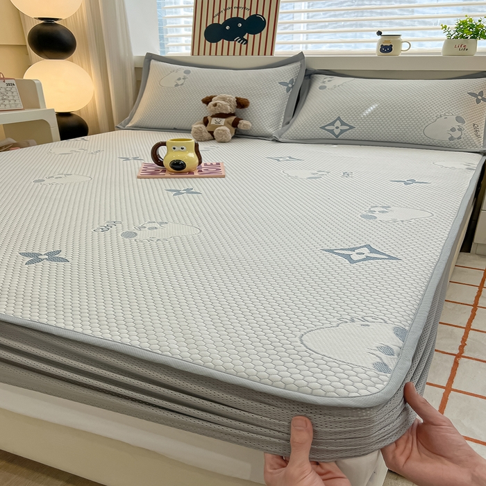 91家纺网 家纺一手货源 找家纺 857家居 2025新款卡皮巴拉凉豆豆凉席套件-床笠款 卡皮巴拉-蓝色