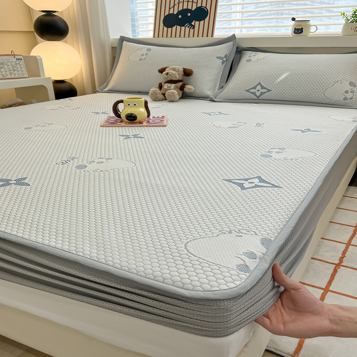 91家纺网 家纺一手货源 找家纺 857家居 2025新款卡皮巴拉凉豆豆凉席套件-床笠款 卡皮巴拉-蓝色