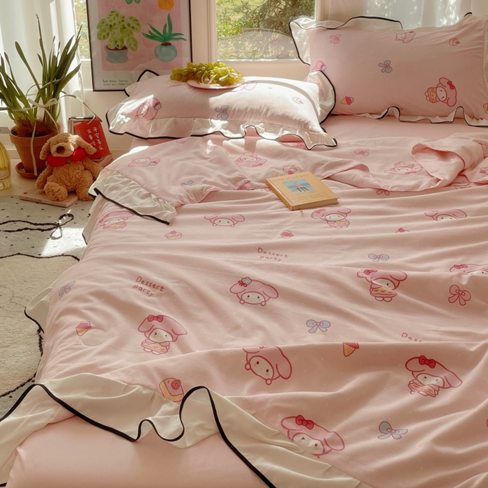 91家纺网 家纺一手货源 找家纺 桃心家居 2025新款A类云柔水洗棉花边韩版少女可爱仙仙大豆单夏被夏凉被空调被四件套 水洗棉花边-夏被甜品兔兔