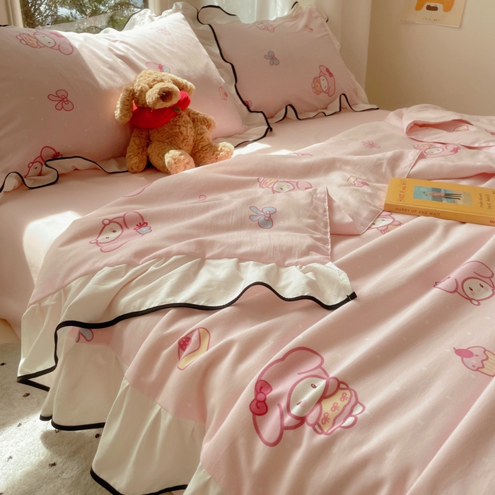 91家纺网 家纺一手货源 找家纺 桃心家居 2025新款A类云柔水洗棉花边韩版少女可爱仙仙大豆单夏被夏凉被空调被四件套 水洗棉花边-夏被甜品兔兔