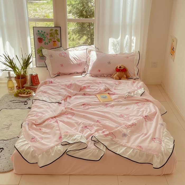 桃心家居 2025新款A类云柔水洗棉花边韩版少女可爱仙仙大豆单夏被夏凉被空调被四件套 水洗棉花边-夏被甜品兔兔