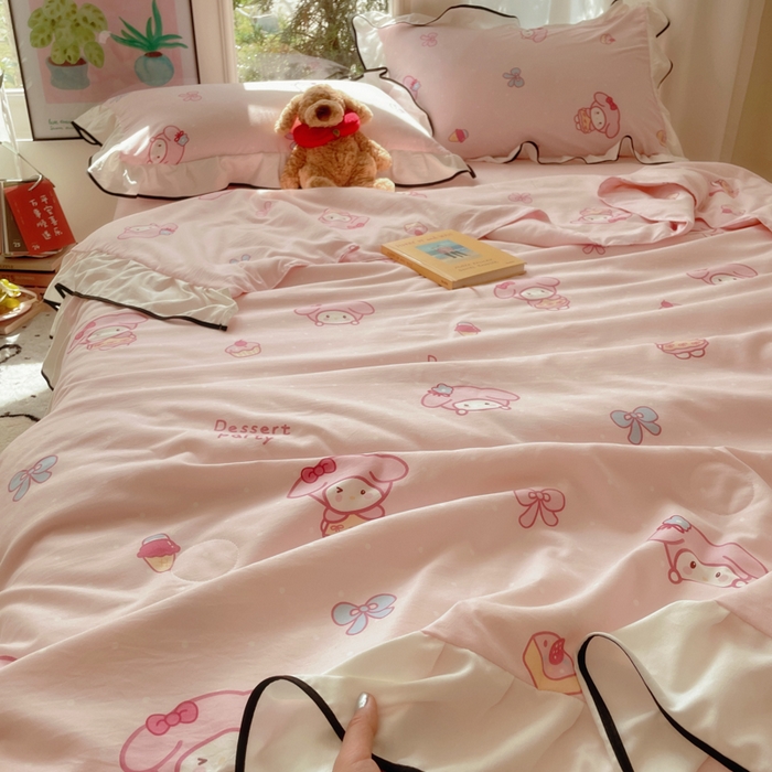 91家纺网 家纺一手货源 找家纺 桃心家居 2025新款A类云柔水洗棉花边韩版少女可爱仙仙大豆单夏被夏凉被空调被四件套 水洗棉花边-夏被甜品兔兔