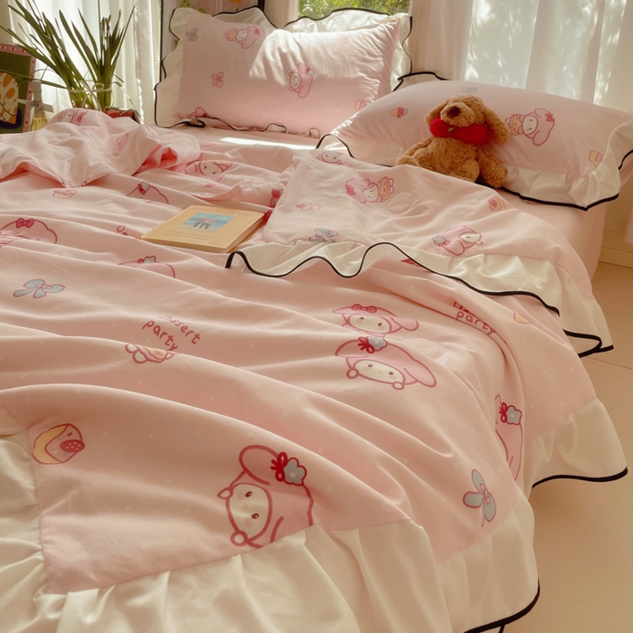 91家纺网 家纺一手货源 找家纺 桃心家居 2025新款A类云柔水洗棉花边韩版少女可爱仙仙大豆单夏被夏凉被空调被四件套 水洗棉花边-夏被甜品兔兔