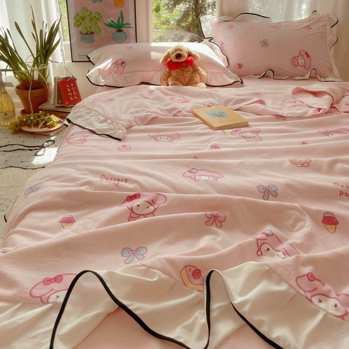 91家纺网 家纺一手货源 找家纺 桃心家居 2025新款A类云柔水洗棉花边韩版少女可爱仙仙大豆单夏被夏凉被空调被四件套 水洗棉花边-夏被甜品兔兔