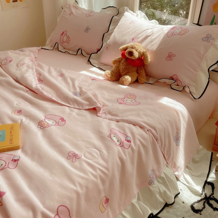 91家纺网 家纺一手货源 找家纺 桃心家居 2025新款A类云柔水洗棉花边韩版少女可爱仙仙大豆单夏被夏凉被空调被四件套 水洗棉花边-夏被甜品兔兔