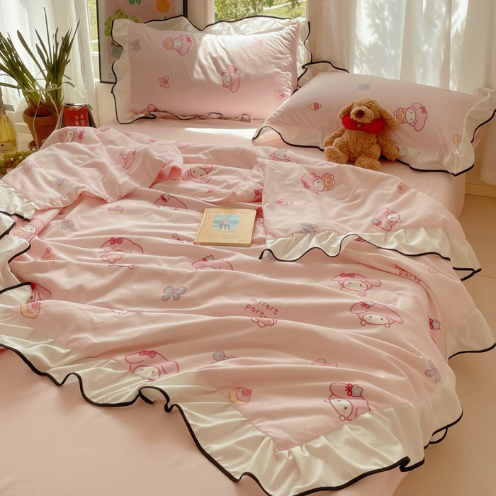 91家纺网 家纺一手货源 找家纺 桃心家居 2025新款A类云柔水洗棉花边韩版少女可爱仙仙大豆单夏被夏凉被空调被四件套 水洗棉花边-夏被甜品兔兔