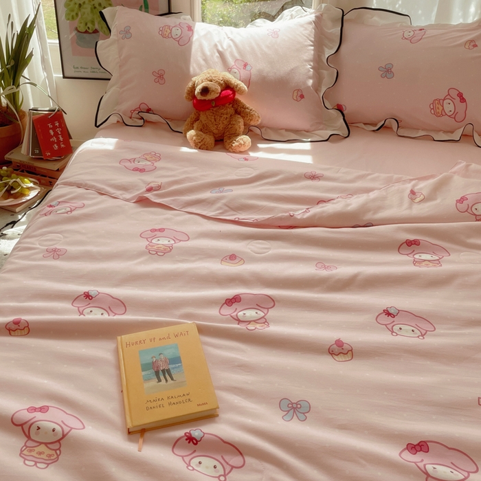 91家纺网 家纺一手货源 找家纺 桃心家居 2025新款A类云柔水洗棉花边韩版少女可爱仙仙大豆单夏被夏凉被空调被四件套 水洗棉花边-夏被甜品兔兔