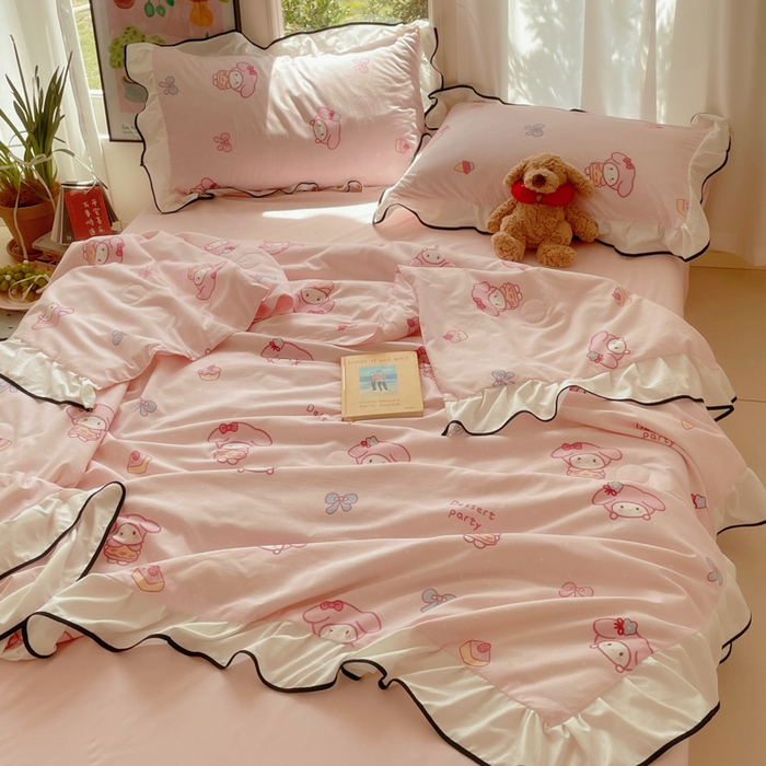 91家纺网 家纺一手货源 找家纺 桃心家居 2025新款A类云柔水洗棉花边韩版少女可爱仙仙大豆单夏被夏凉被空调被四件套 水洗棉花边-夏被甜品兔兔