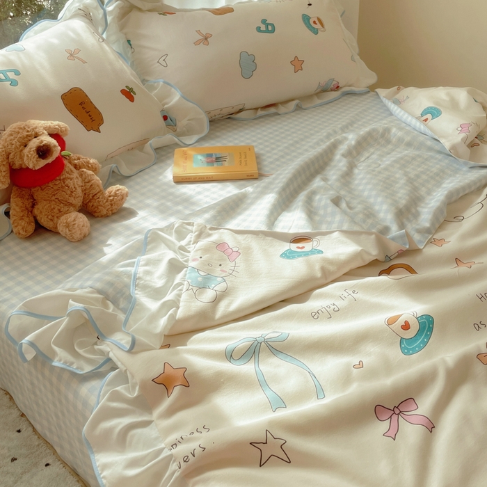 91家纺网 家纺一手货源 找家纺 桃心家居 2025新款A类云柔水洗棉花边韩版少女可爱仙仙大豆单夏被夏凉被空调被四件套 水洗棉花边-夏被猫咪日记