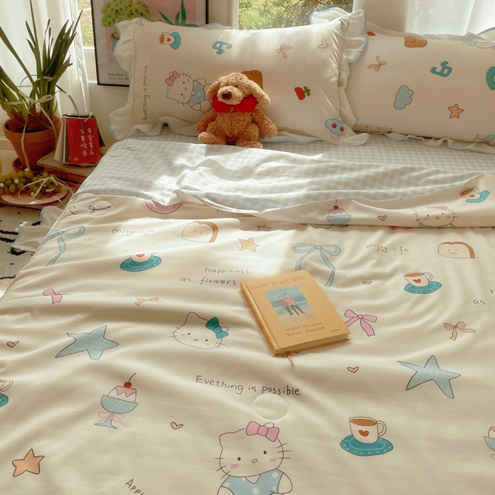 91家纺网 家纺一手货源 找家纺 桃心家居 2025新款A类云柔水洗棉花边韩版少女可爱仙仙大豆单夏被夏凉被空调被四件套 水洗棉花边-夏被猫咪日记