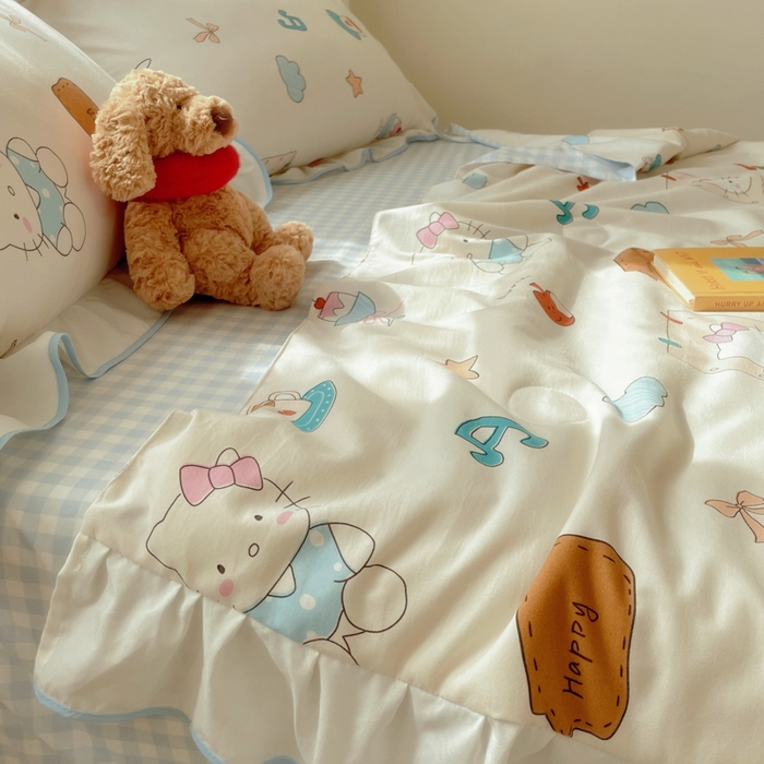 91家纺网 家纺一手货源 找家纺 桃心家居 2025新款A类云柔水洗棉花边韩版少女可爱仙仙大豆单夏被夏凉被空调被四件套 水洗棉花边-夏被猫咪日记