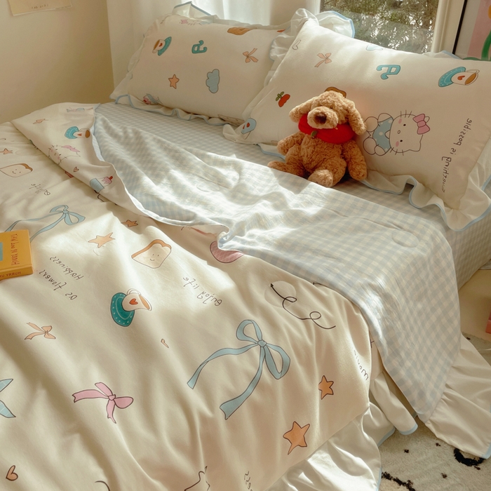 91家纺网 家纺一手货源 找家纺 桃心家居 2025新款A类云柔水洗棉花边韩版少女可爱仙仙大豆单夏被夏凉被空调被四件套 水洗棉花边-夏被猫咪日记