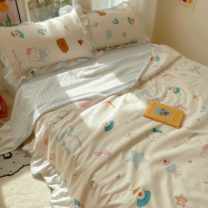 91家纺网 家纺一手货源 找家纺 桃心家居 2025新款A类云柔水洗棉花边韩版少女可爱仙仙大豆单夏被夏凉被空调被四件套 水洗棉花边-夏被猫咪日记