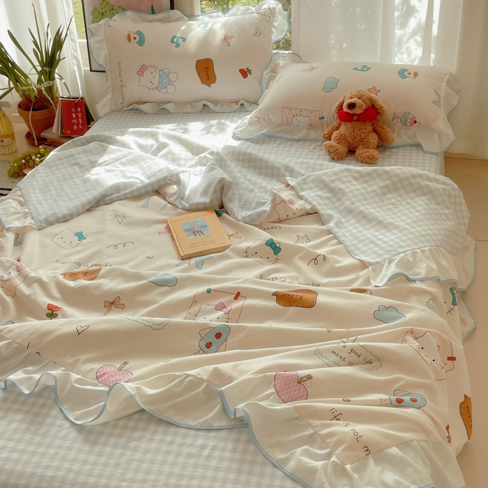 91家纺网 家纺一手货源 找家纺 桃心家居 2025新款A类云柔水洗棉花边韩版少女可爱仙仙大豆单夏被夏凉被空调被四件套 水洗棉花边-夏被猫咪日记