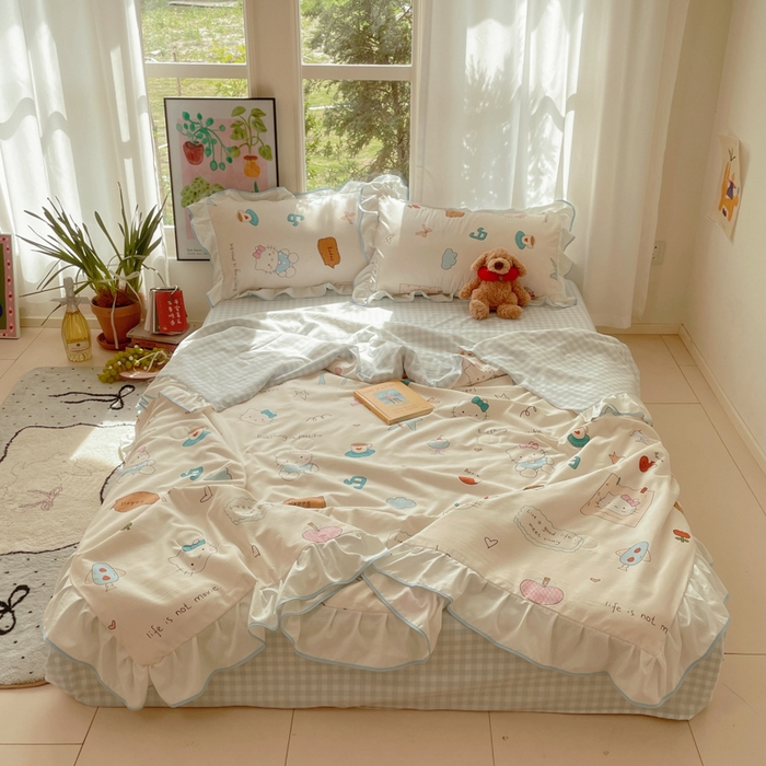 桃心家居 2025新款A类云柔水洗棉花边韩版少女可爱仙仙大豆单夏被夏凉被空调被四件套 水洗棉花边-夏被猫咪日记