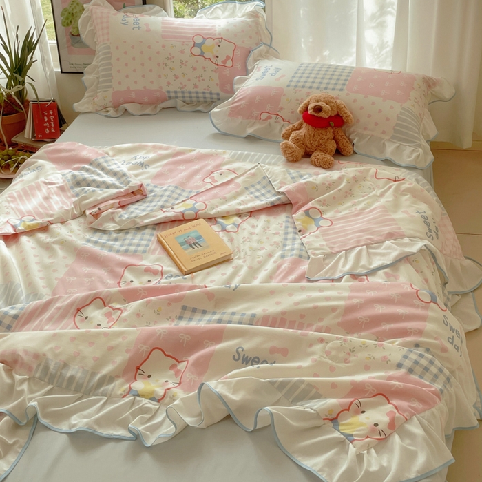 91家纺网 家纺一手货源 找家纺 （总）桃心家居 2025新款A类云柔水洗棉花边韩版少女可爱仙仙大豆单夏被夏凉被空调被四件套