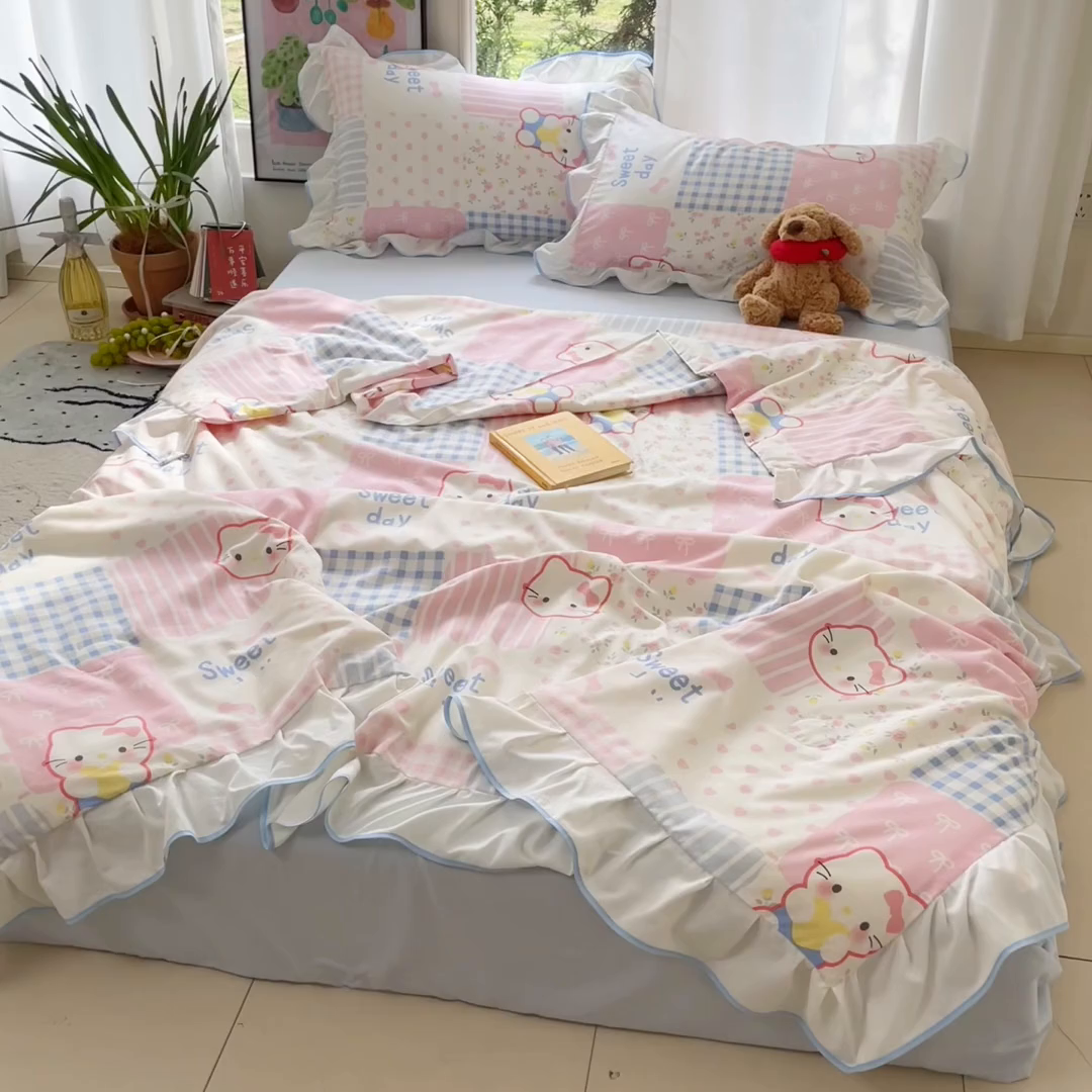 91家纺网 家纺一手货源 找家纺 桃心家居 2025新款A类云柔水洗棉花边韩版少女可爱仙仙大豆单夏被夏凉被空调被四件套 水洗棉花边-夏被布丁猫