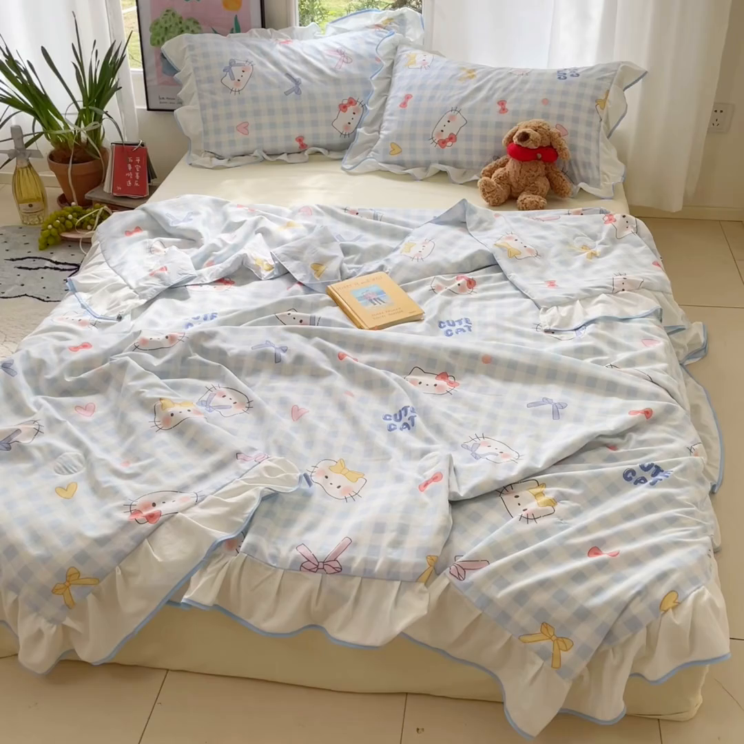 91家纺网 家纺一手货源 找家纺 桃心家居 2025新款A类云柔水洗棉花边韩版少女可爱仙仙大豆单夏被夏凉被空调被四件套 水洗棉花边-夏被兰格猫咪